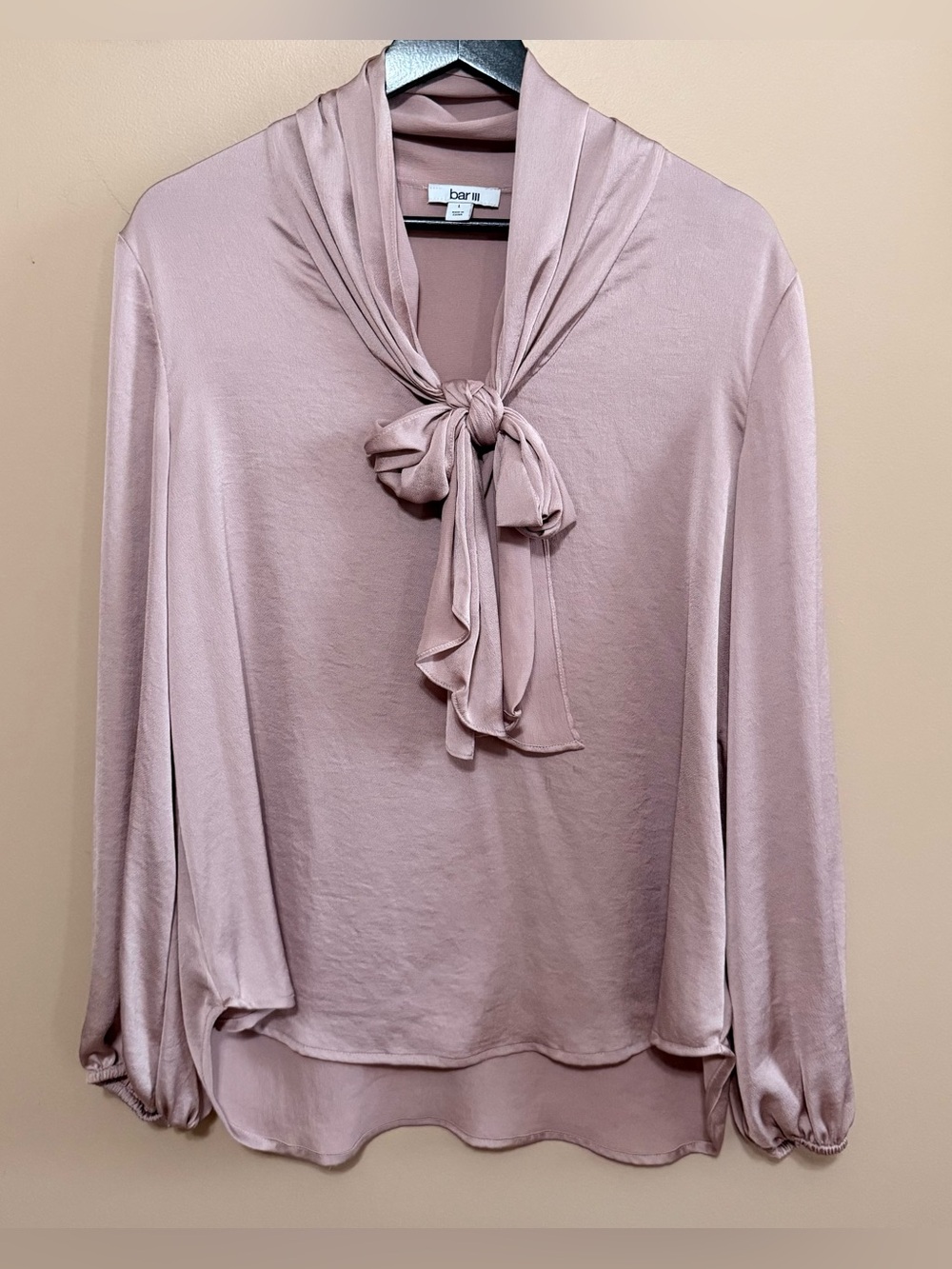NWOT Bar I!l Satin Tie-Neck Blouse In Dusty Mauve Sz L
